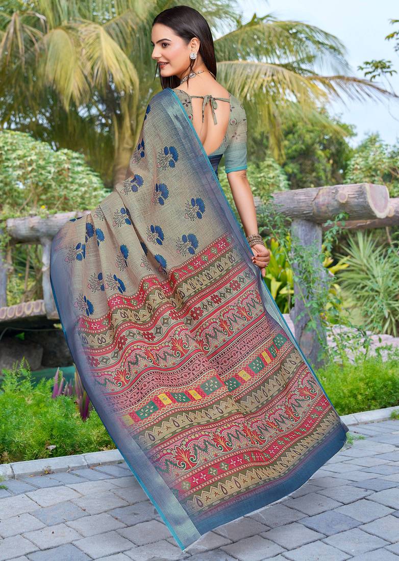 grey blue cotton blend digital print saree (sfcl111)