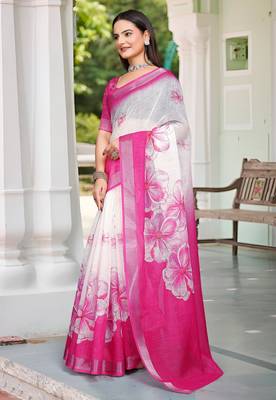 pink white cotton blend saree with floral print 2
