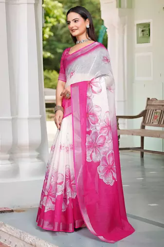 pink white cotton blend saree with floral print