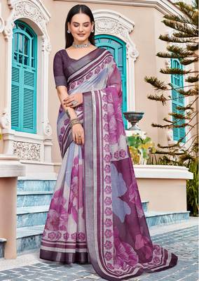 purple white cotton blend saree with floral border print 4