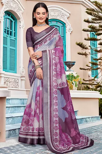 purple white cotton blend saree with floral border print