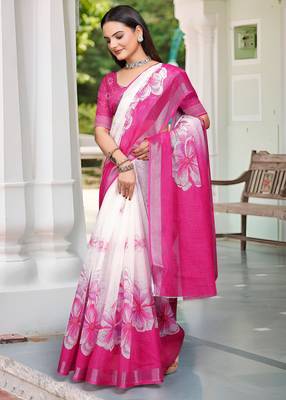 pink white cotton blend saree with floral print 3