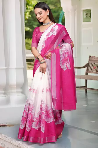 pink white cotton blend saree with floral print