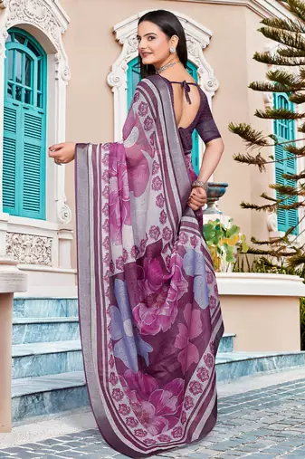 purple white cotton blend saree with floral border print