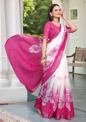 pink white cotton blend saree with floral print 4