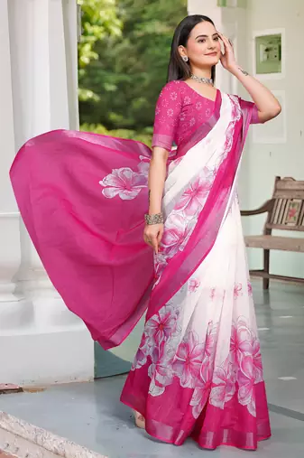 pink white cotton blend saree with floral print