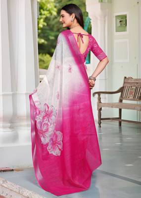 pink white cotton blend saree with floral print 5