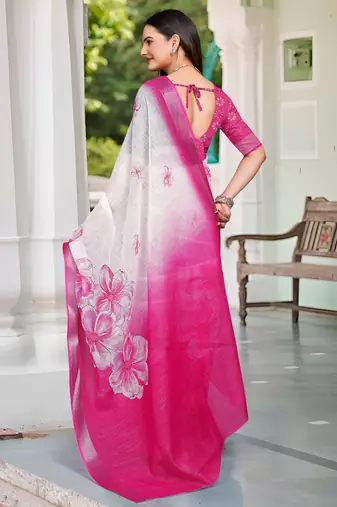 pink white cotton blend saree with floral print