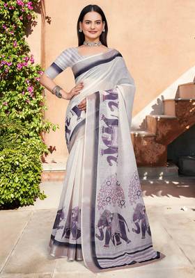 white purple cotton blend saree floral border print 1