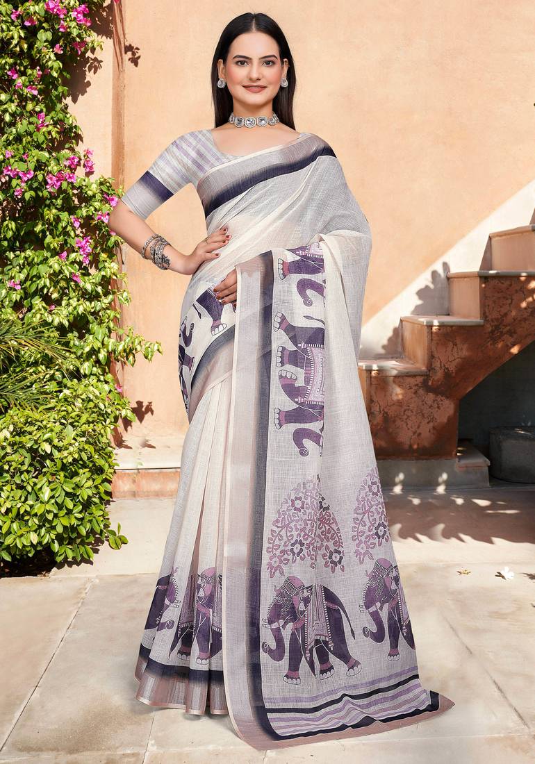 white purple cotton blend saree floral border print