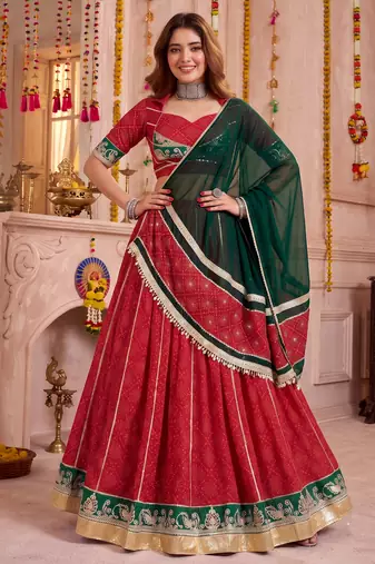 Red Georgette Bandhej Foil Print & Gota Patti Lehenga Choli Set