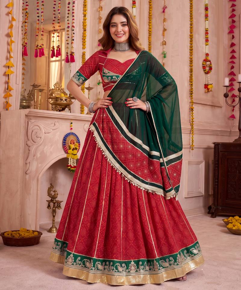 Red Georgette Bandhej Foil Print & Gota Patti Lehenga Choli Set