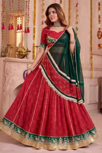 Red Georgette Bandhej Foil Print & Gota Patti Lehenga Choli Set