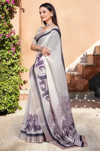 white purple cotton blend saree floral border print