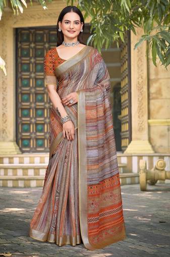 brown orange cotton blend digital print saree