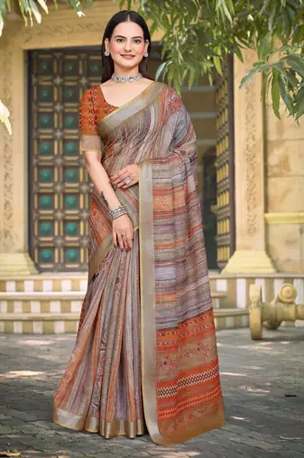 brown orange cotton blend digital print saree