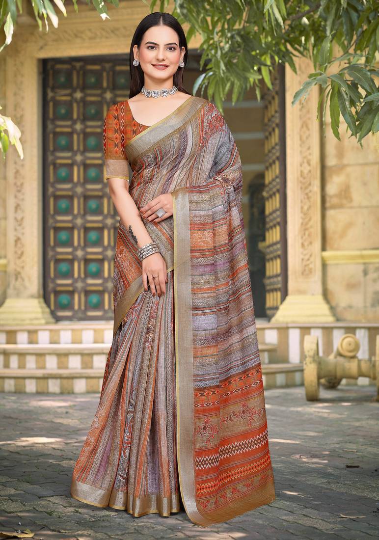 brown orange cotton blend digital print saree (sfcl105)