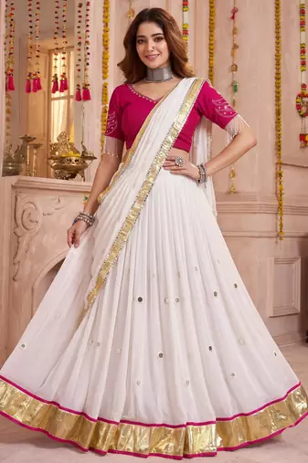White Lightweight Mirror Work Lehenga Choli with Dupatta