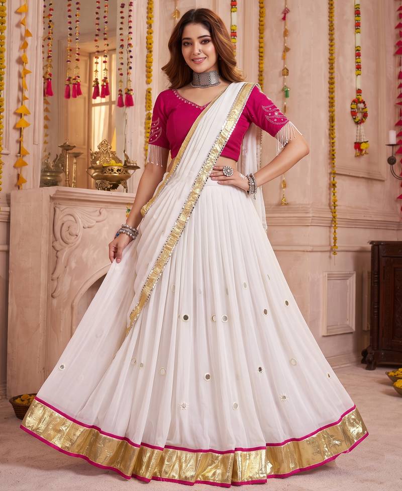 White Lightweight Mirror Work Lehenga Choli with Dupatta