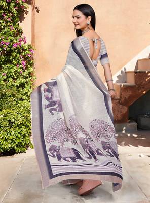 white purple cotton blend saree floral border print 5