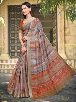 brown orange cotton blend digital print saree (sfcl105) 2