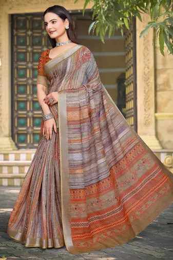 brown orange cotton blend digital print saree