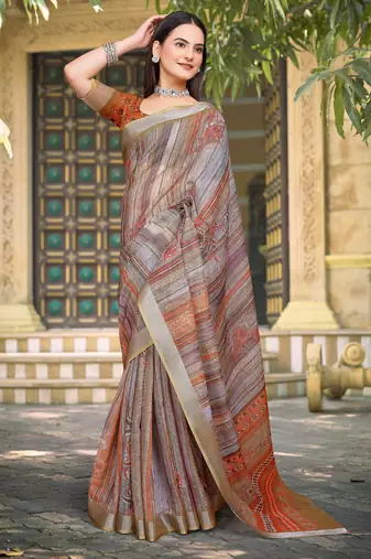 brown orange cotton blend digital print saree