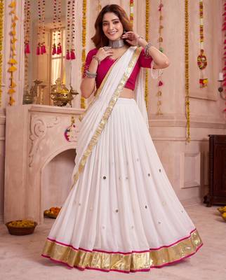 White Lightweight Mirror Work Lehenga Choli with Dupatta 3