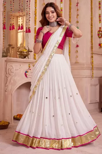 White Lightweight Mirror Work Lehenga Choli with Dupatta