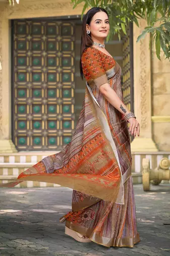 brown orange cotton blend digital print saree