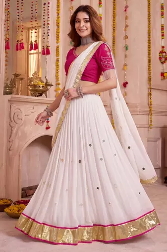 White Lightweight Mirror Work Lehenga Choli with Dupatta