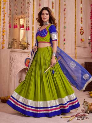 Mehendi Green Cotton Lace Work Lehenga Choli with Dupatta 1