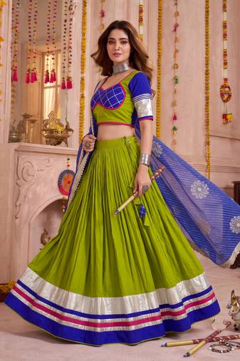 Mehendi Green Cotton Lace Work Lehenga Choli with Dupatta