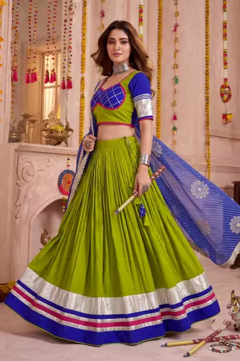 Mehendi Green Cotton Lace Work Lehenga Choli with Dupatta