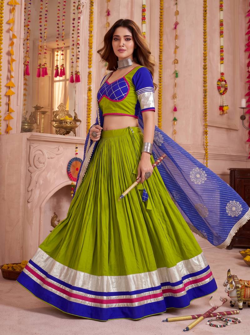 Mehendi Green Cotton Lace Work Lehenga Choli with Dupatta
