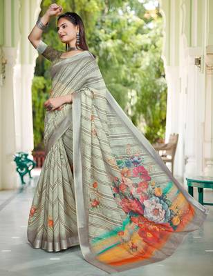 sea green cotton blend digital print saree 2