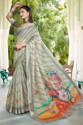 sea green cotton blend digital print saree