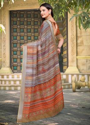 brown orange cotton blend digital print saree (sfcl105) 5