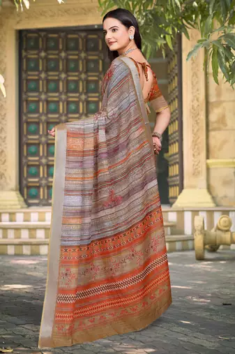 brown orange cotton blend digital print saree