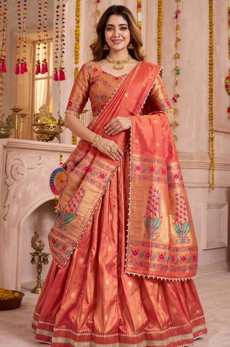 Coral Shimmer Zari Weaving Lehenga Choli with Dupatta