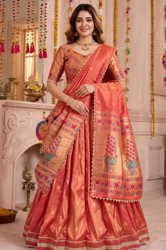 Coral Shimmer Zari Weaving Lehenga Choli with Dupatta