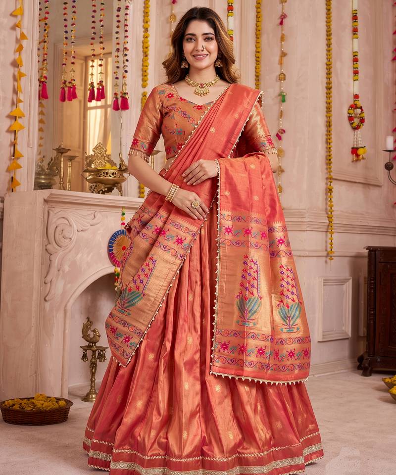 Coral Shimmer Zari Weaving Lehenga Choli with Dupatta