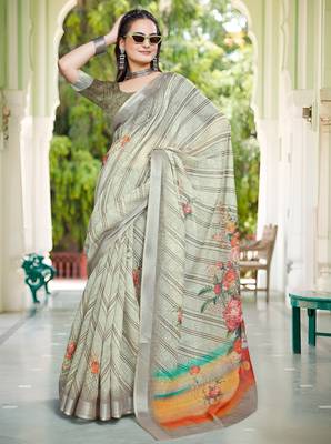 sea green cotton blend digital print saree 3