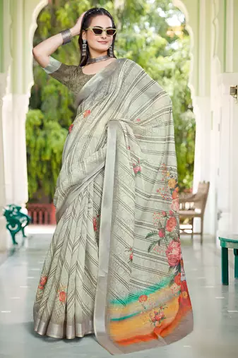 sea green cotton blend digital print saree