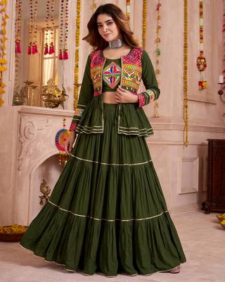 Mehendi Green Cotton Mirror & Gamthi Work Lehenga Choli Set 1