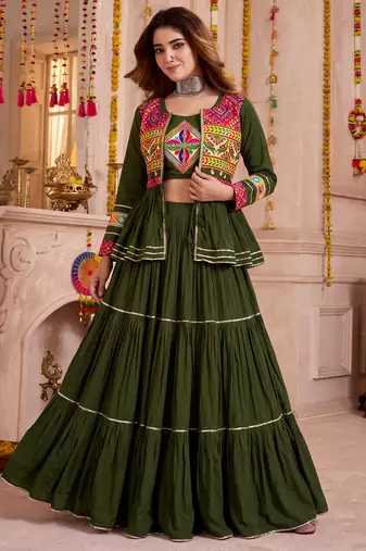 Mehendi Green Cotton Mirror & Gamthi Work Lehenga Choli Set