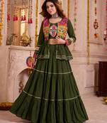 Mehendi Green Cotton Mirror & Gamthi Work Lehenga Choli Set