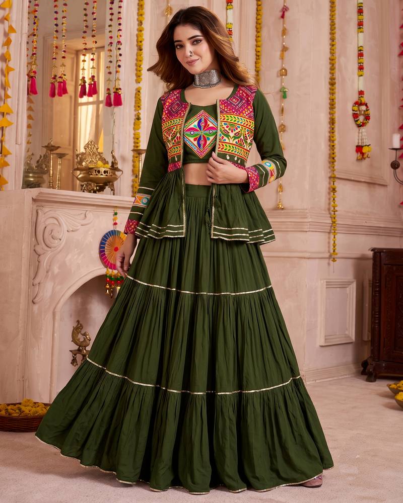 Mehendi Green Cotton Mirror & Gamthi Work Lehenga Choli Set