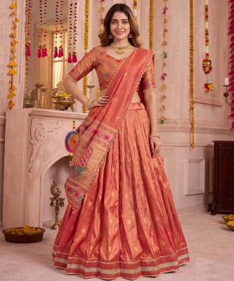 Coral Shimmer Zari Weaving Lehenga Choli with Dupatta 2
