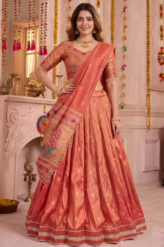 Coral Shimmer Zari Weaving Lehenga Choli with Dupatta